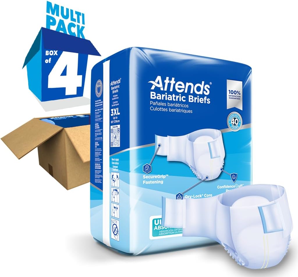 Attends Bariatric Incontinence Disposable Briefs, XX-Large, 63"-70" Waist with Tab Closures, Ultimate Absorbency, Dry-Lock Containment Core and ConfidenceCuff Leakage Protection, 2XL 48ct Case