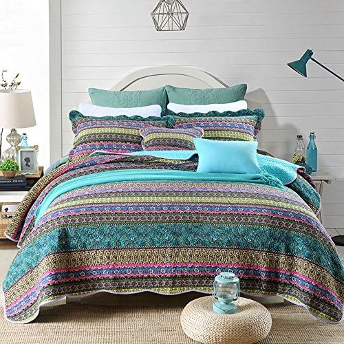 Striped Jacquard Style Cotton 3-Piece Patchwork Bedspread Quilt Sets, Queen Size