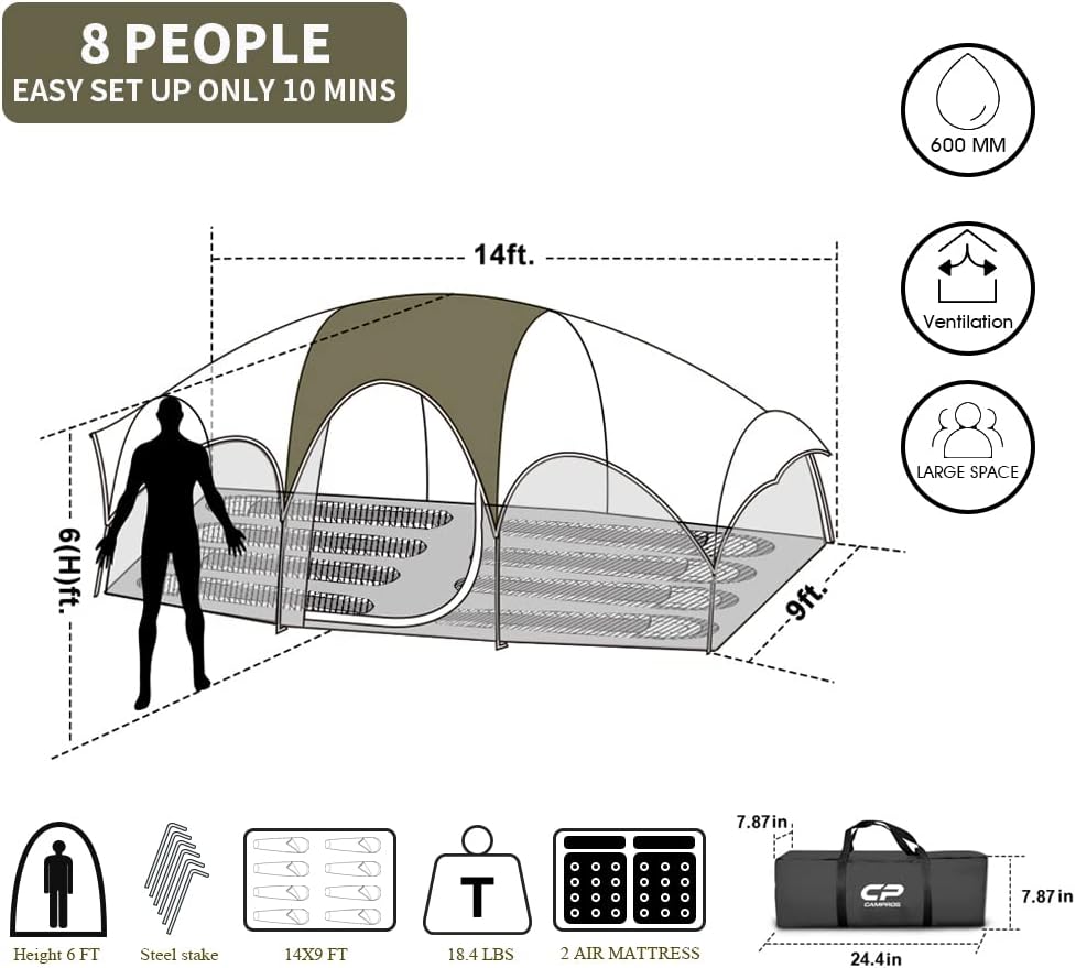 CAMPROS CP 8 Person Camping Tent, Room Divider, Rainfly, Weather Resistant