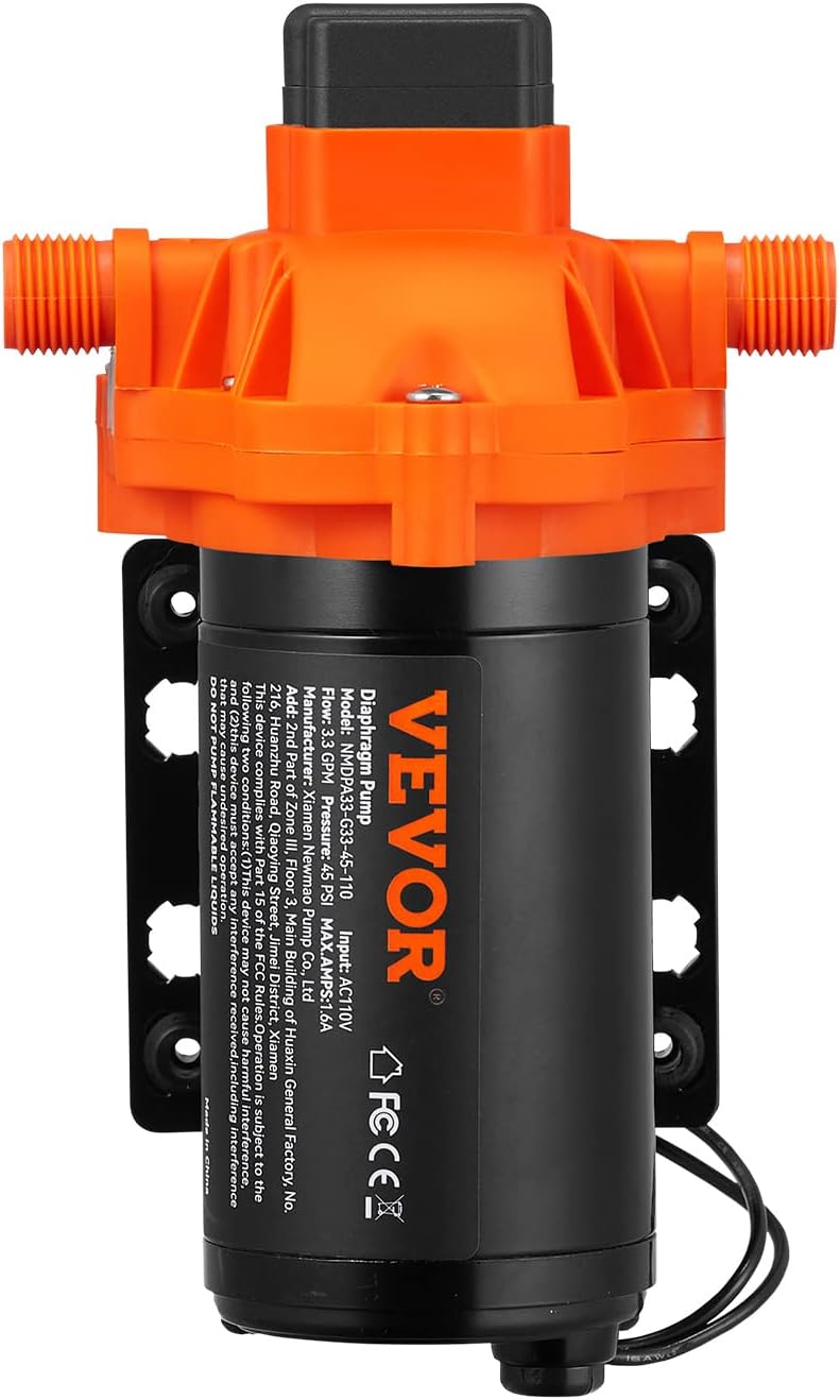 VEVOR Water Pressure Diaphragm Pump, RV Water Pump, Fresh Water Pump110V AC, 3.3 GPM, Pressure Adjustable
