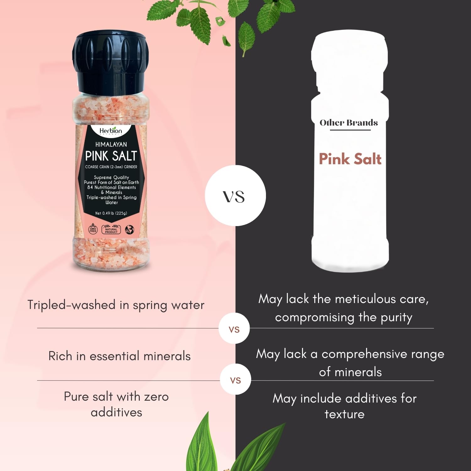 HERBION Naturals Himalayan Pink Salt Jar Fine Grain, GMO Free, Supreme Quality Chemical Free, Vegan, Kosher Certified, Fine Grain All Natural Salt