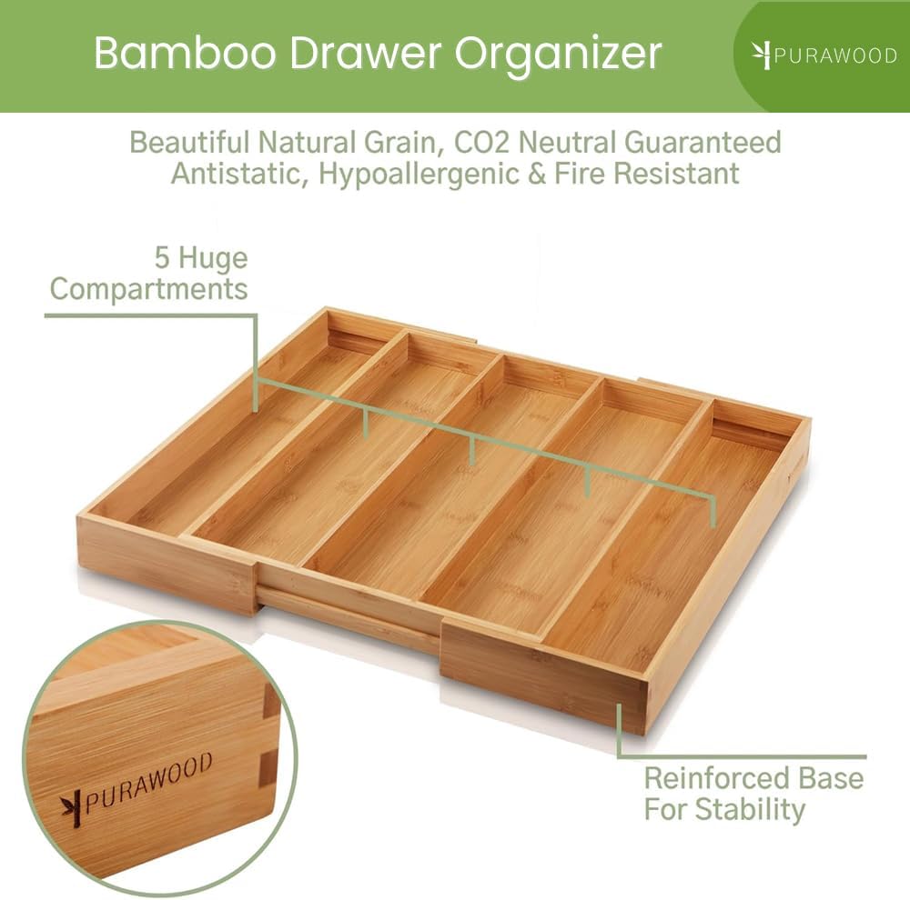 Purawood Kitchen Drawer Organizer - Expandable Utensil Drawer Organizer for Kitchen, Cutlery Tray & Silverware Organizer