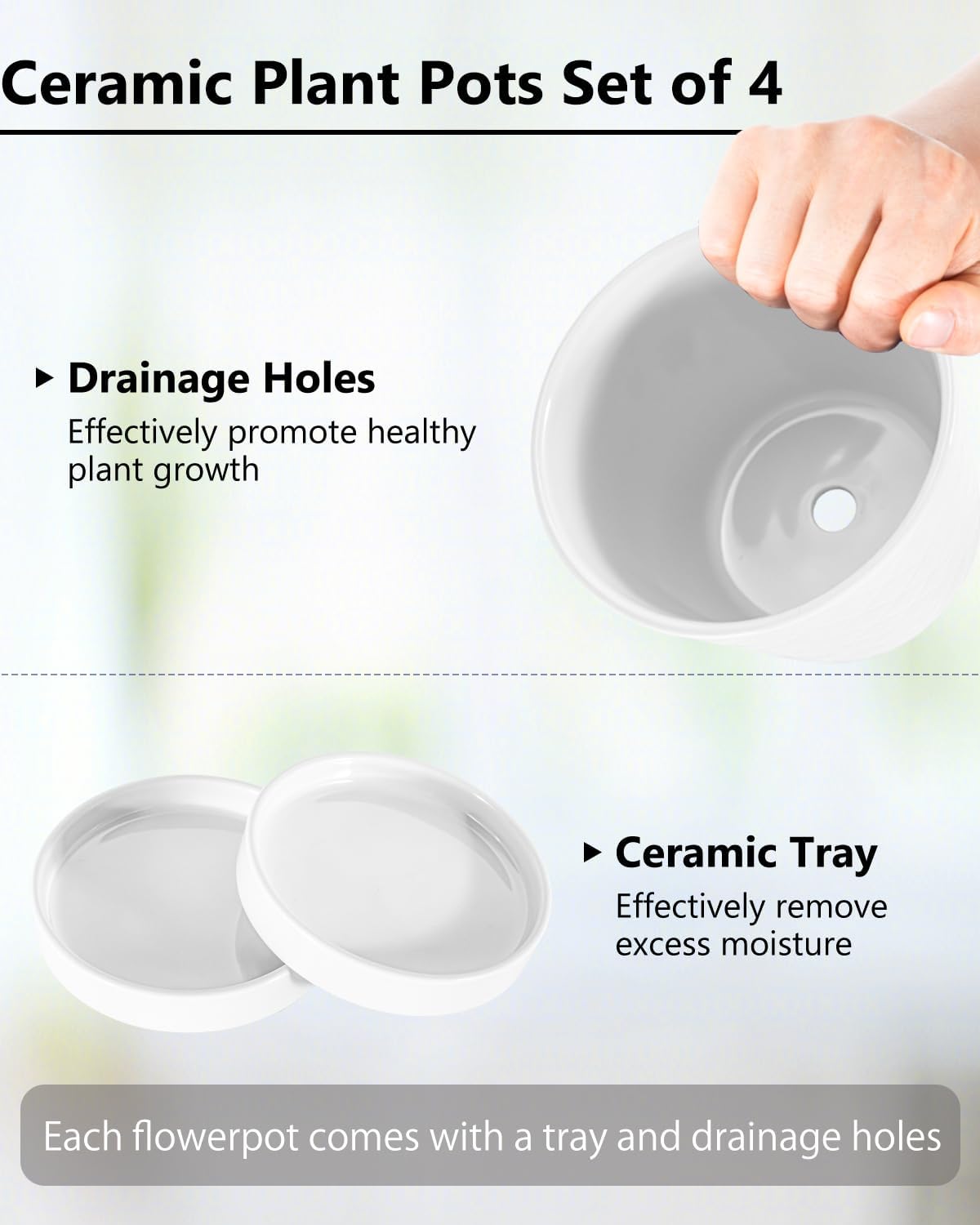 EFISPSS Ceramic Plant Pots, 5 Inch Planters with Drainage Holes and Ceramic Tray, Relief Design Flower Planter