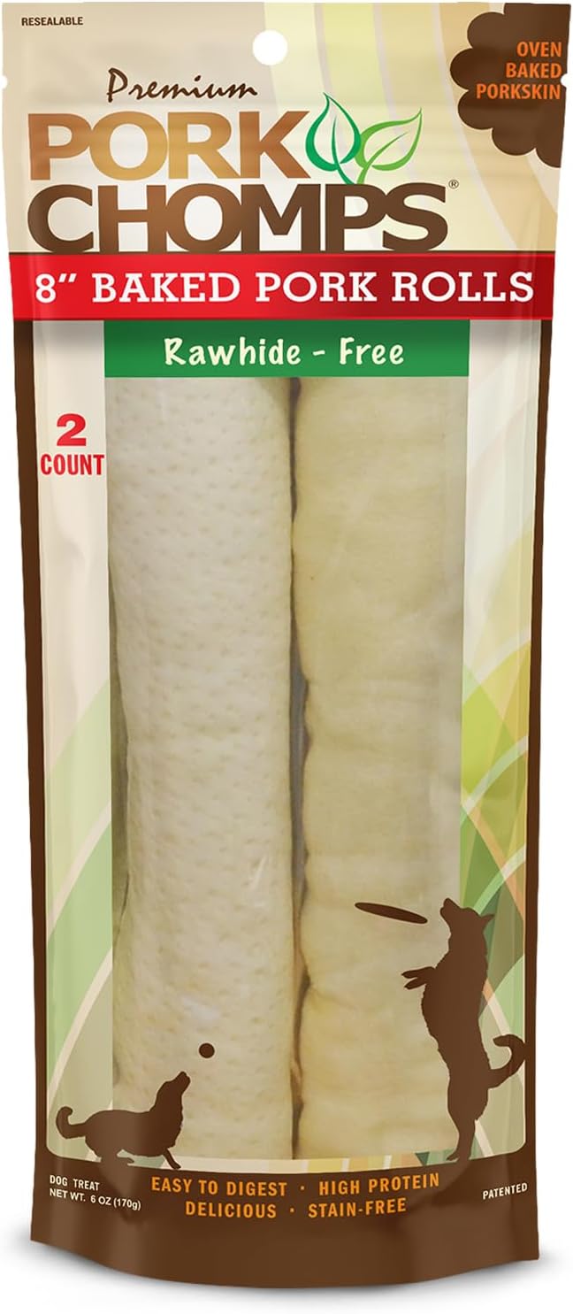 Pork Chomps Rawhide Free Pork Skin Dog Chews, Chicken Wrap, 8in Rolls, 2ct