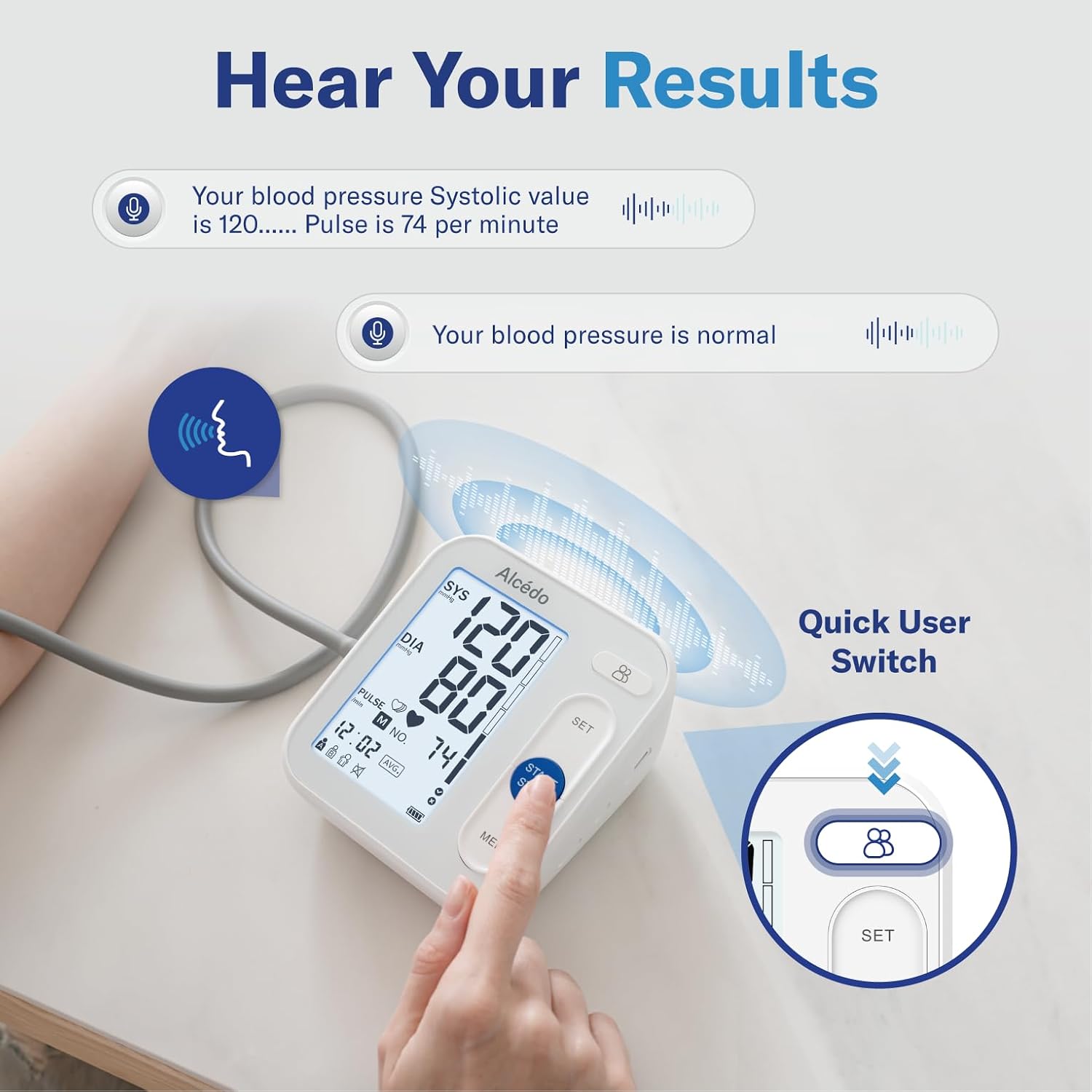 Alcedo Blood Pressure Monitor for Home Use, Upper Arm Cuff BP Machine | Large LCD Screen, Talking Function, 2x120 Memory, Large Cuff (8.7–16.5"), Batteries+USB Cable