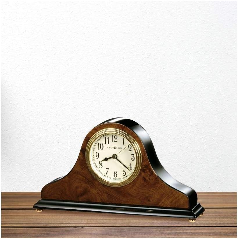 Howard Miller Baxter Tambour Mantel Clock – Burl Wood & Walnut Finish, Arabic Numerals, Brass Accents, Quartz Movement