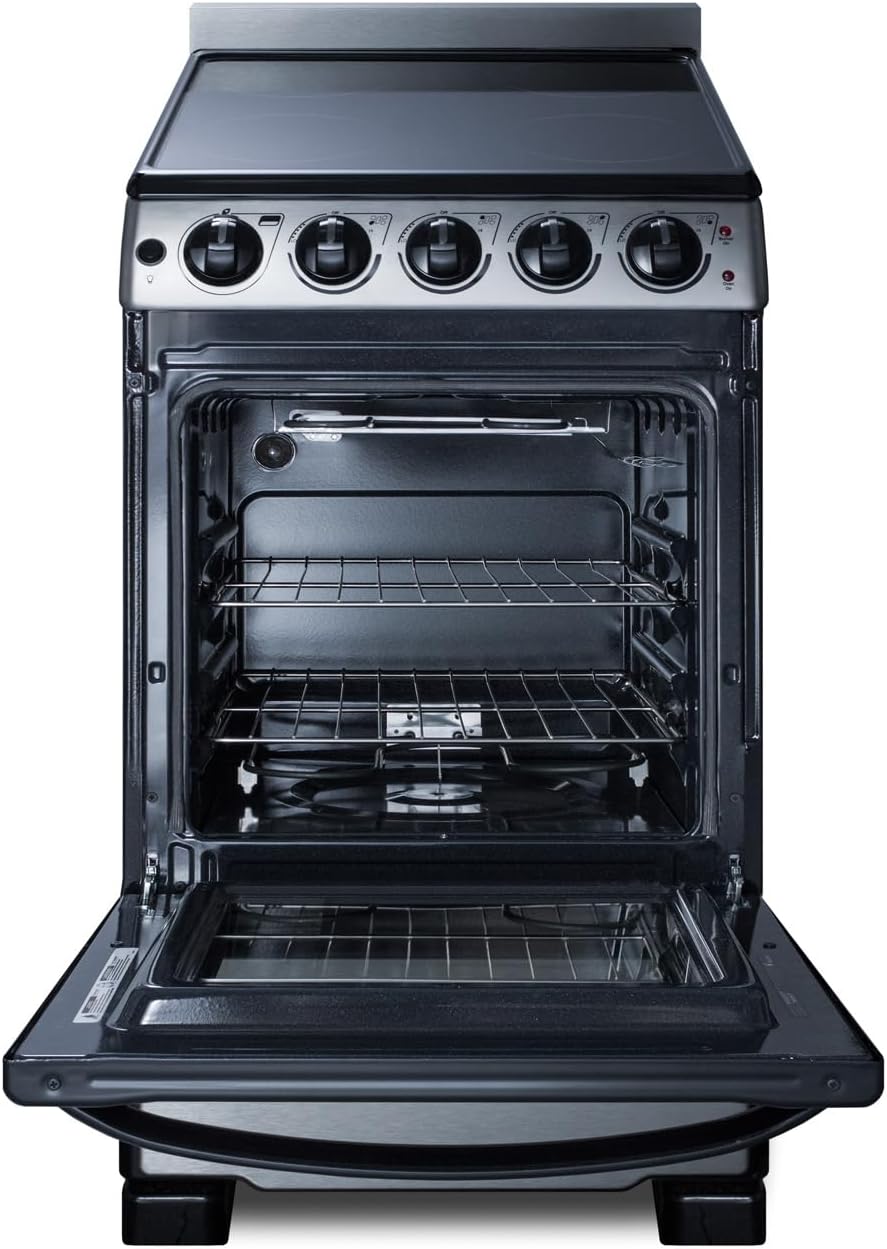 Summit 20” Electric Range, Stainless Steel and Black- REX2071SSRT | 2.3 cu.ft. Capacity Oven, Smooth Glass CookTop, 4 Burner Range, 220VOLT