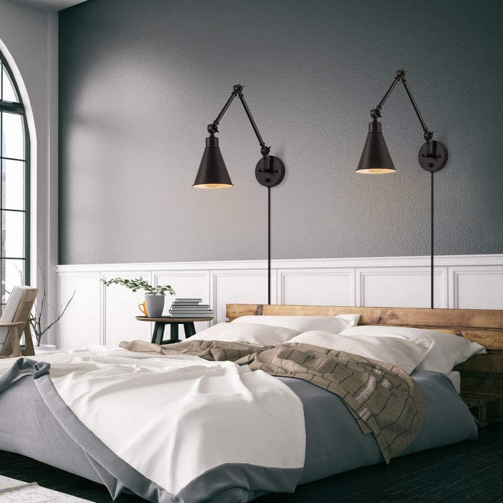 CADUKE Swing Arm Wall Lamp for Bedroom, Set of 2 Plug in Wall Light Fixture with Dimmable Switch