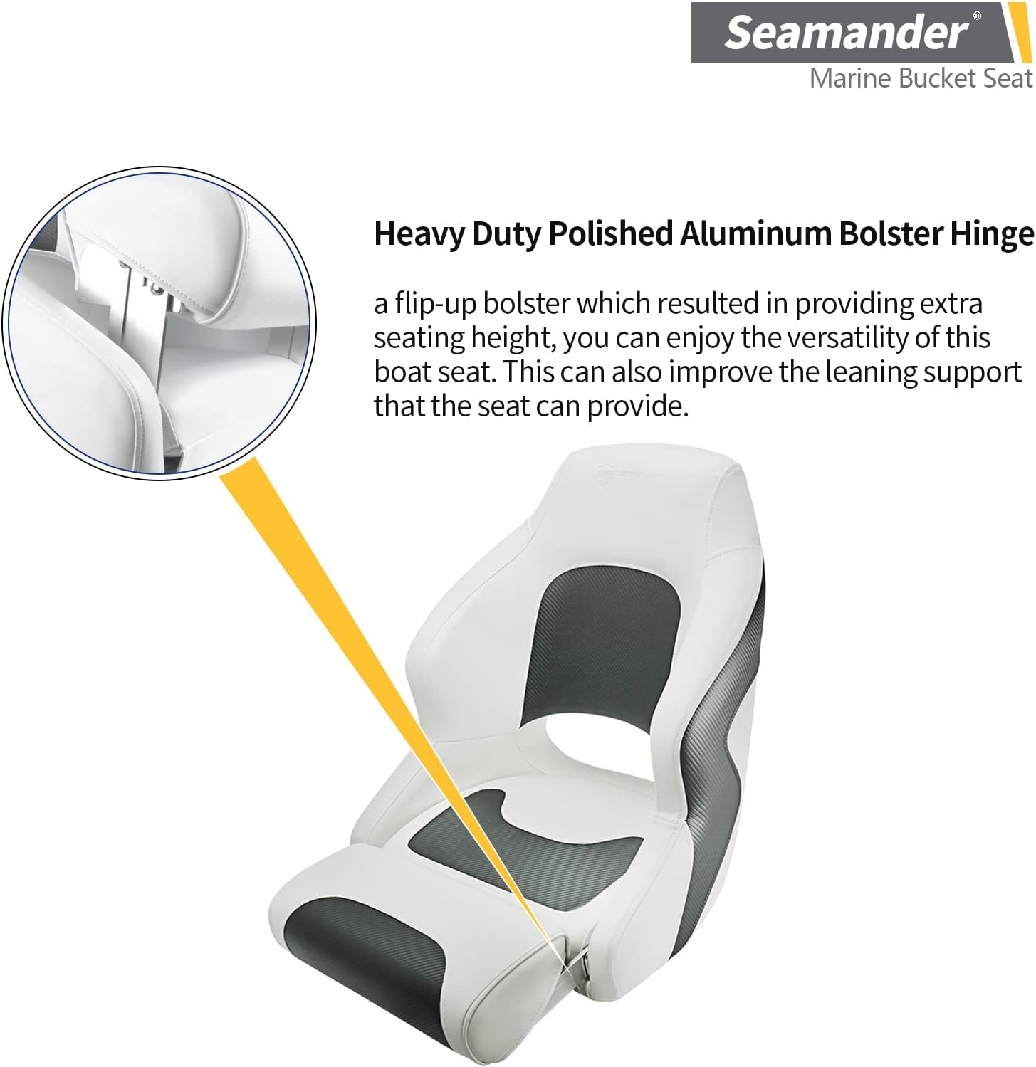 Seamander Boat Captains Chair,Captain Bucket Seat with Flip Up Bolster,Integral Rotomolded Frame, Premium EPDM Foam Material, Marine Grade Vinyl (A-White/Charcoal)