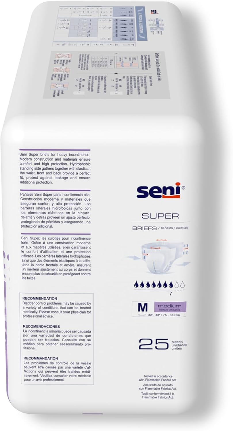 Seni Super Unisex Adult Incontinence Briefs with Tabs, 45-59 in, 75 ct | Breathable, Disposable Brief for Men & Women