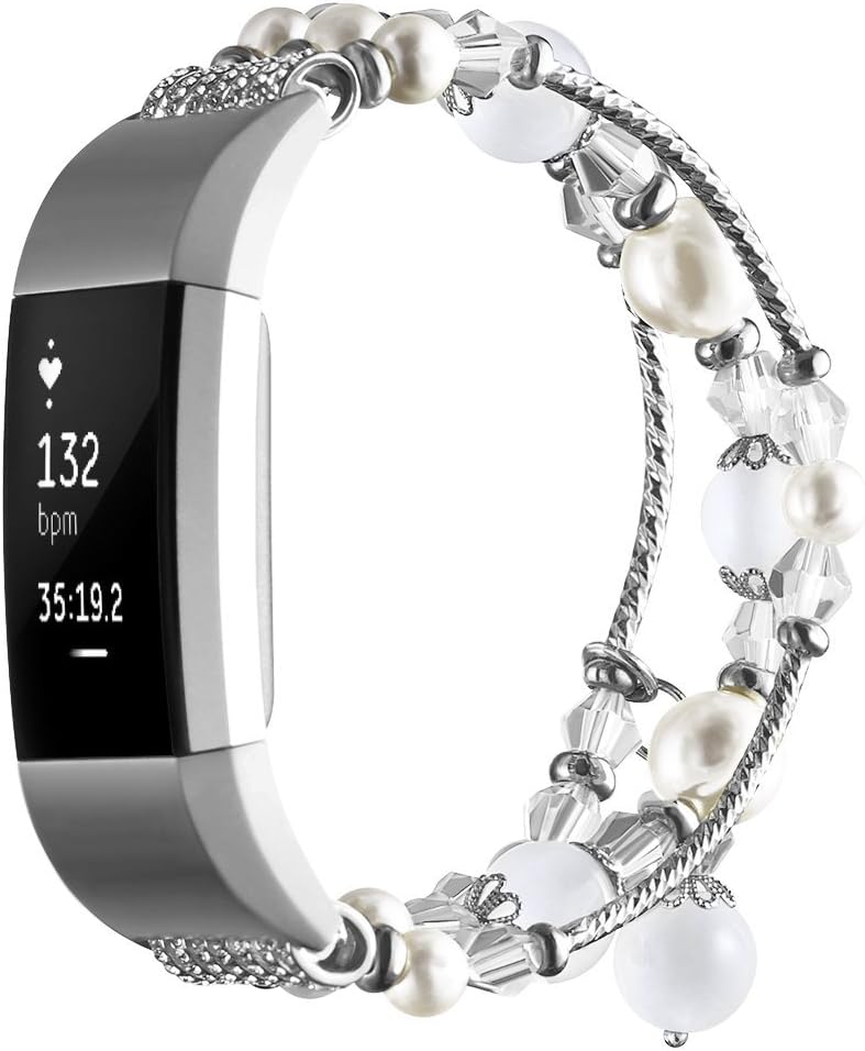Simpeak 5.8-7.2 Fashion Band Compatible with Fitbit Charge 2 Smartwatch, Elastic Women Beaded Band Replacement for Fitbit Charge 2 Only, White