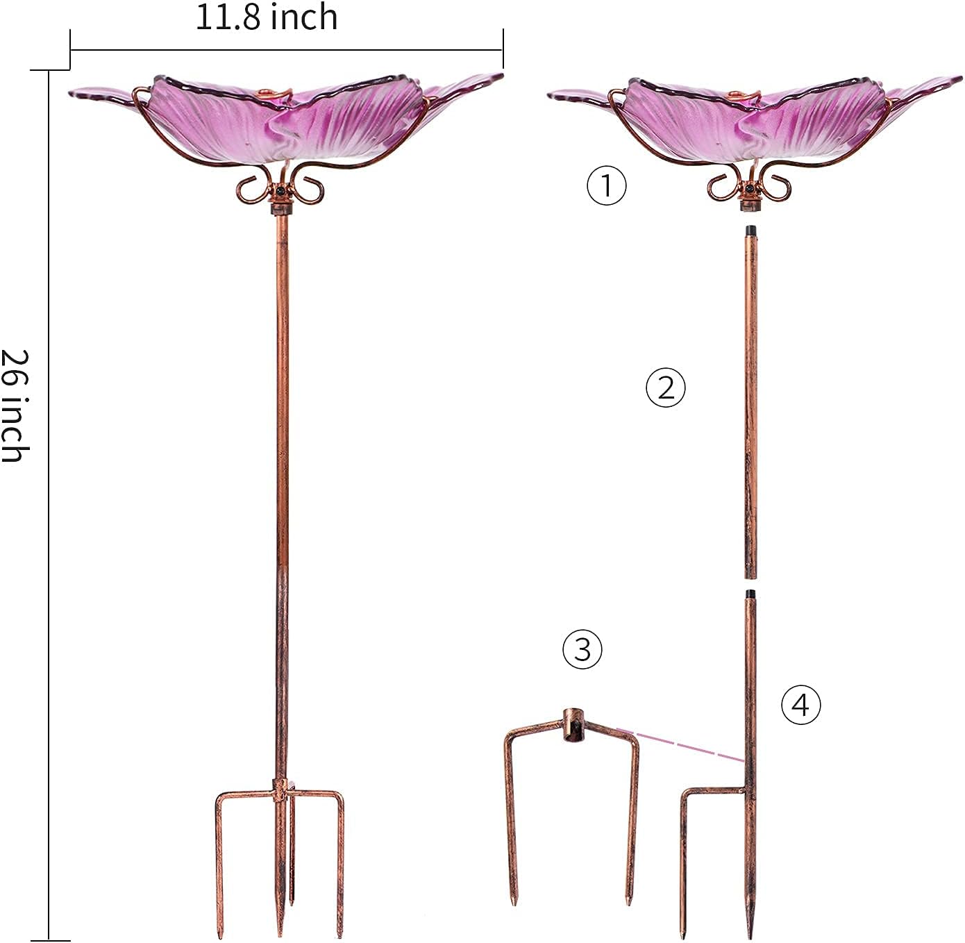 26" Glass Bird Bath, Outdoor Birdbath Bird Feeder Green Flower Metal Stake