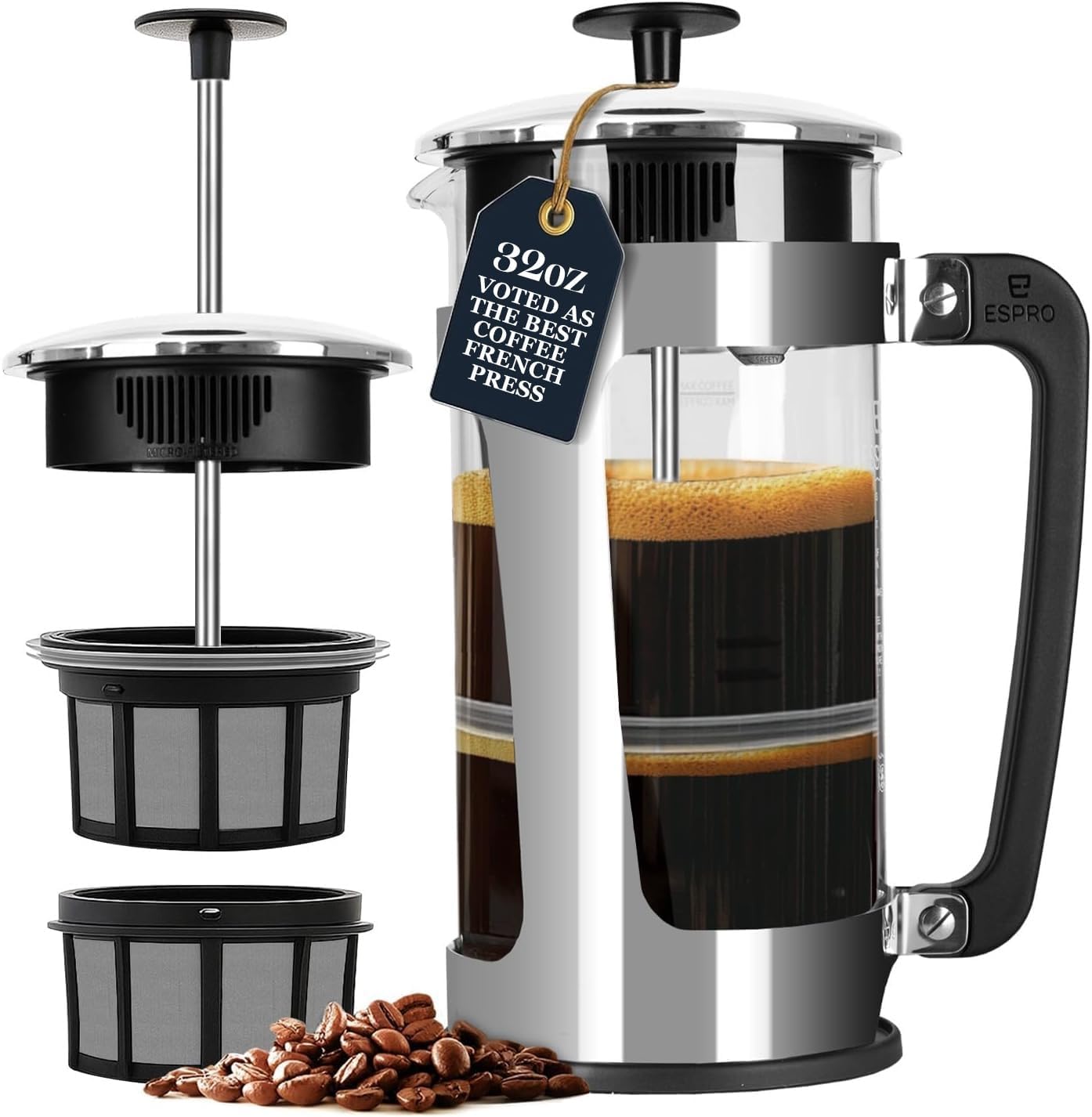 ESPRO P3 French Press Coffee Maker, 32oz, Black, Double Micro Filter Press | Grit-Free Coffee Press, Thicker Borosilicate Heat Resistant Glass french press, Tea Press, Easy Coffee Brewer, Tea Brewer