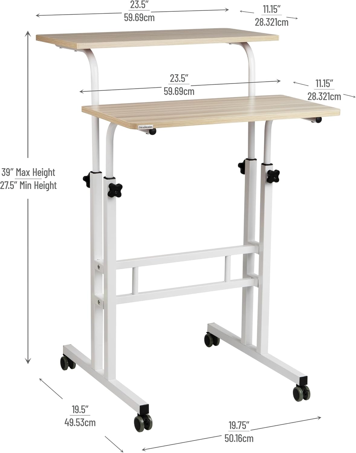Mind Reader Standing Desk, Adjustable Height Laptop Workstation, Portable Rolling Desk on Wheels, Two-Tier Metal Frame, Black