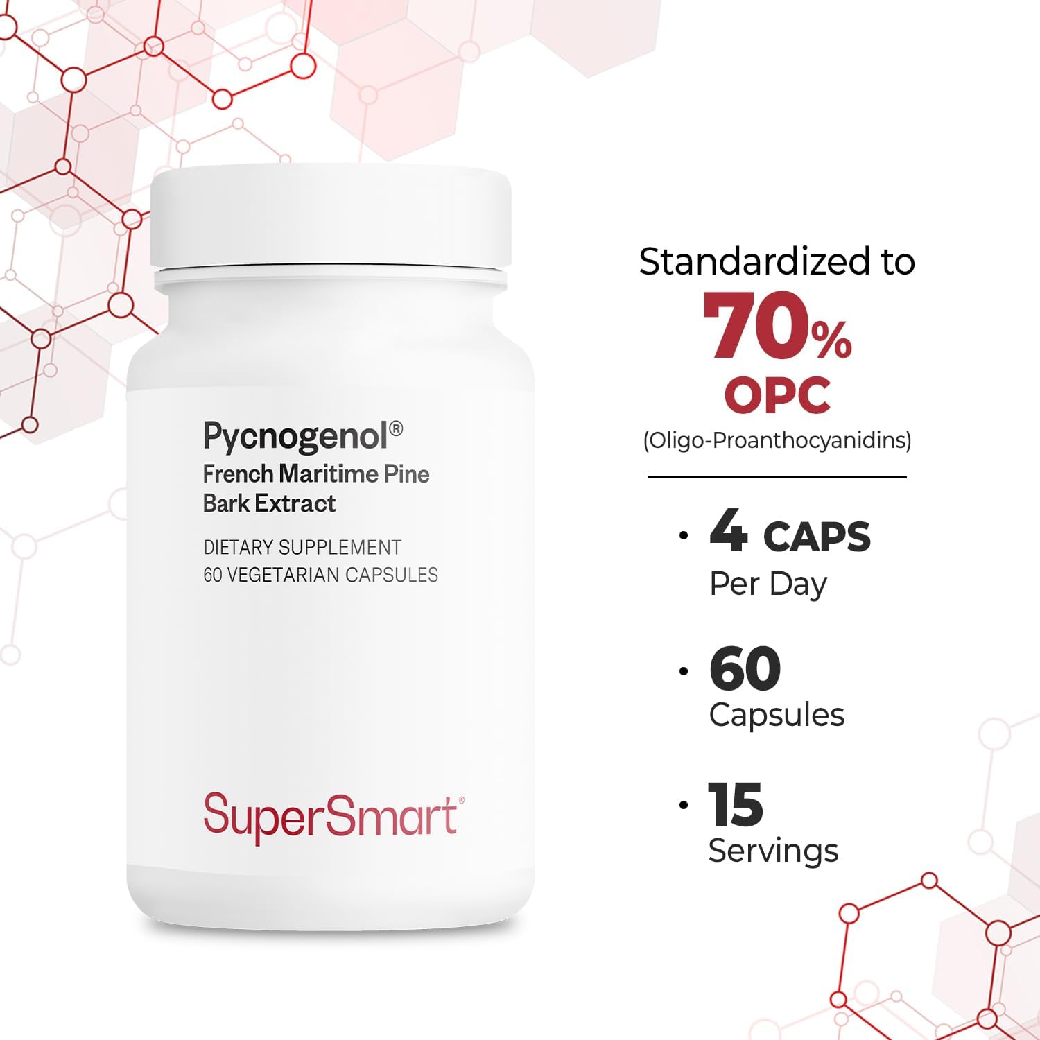 Supersmart - Pycnogenol 200mg per Day (Patented & Highly Bioavailable) - French Maritime Pine Bark Extract | Non-GMO & Gluten Free - 60 Vegetarian