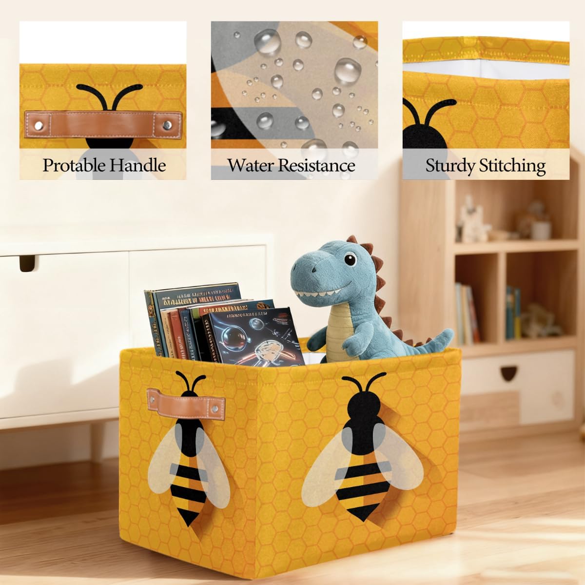 Cute Bee Square Storage Basket Bin Canvas Fabric Compressible Organizer Basket with Handle for Bedroom Nursery Office, 1PCS