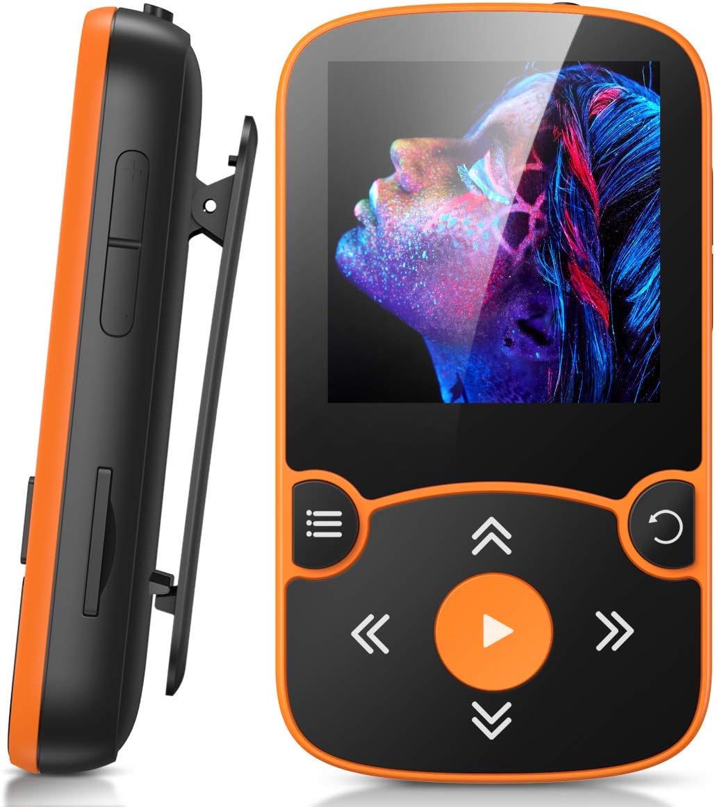 AGPTEK 64GB MP3 Player with Clip, A65 Bluetooth 5.3 Music Player for Sports | with FM Radio, Voice Recorder for Running, Supports up to 128GB TF Card, Orange
