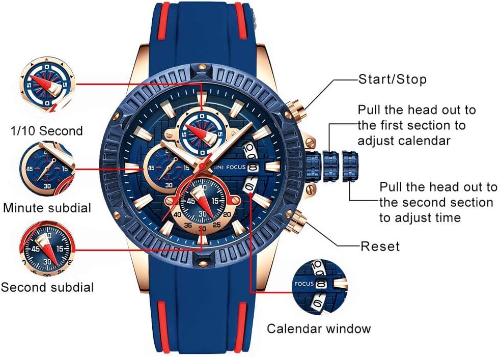 MF MINI FOCUS Men Watch, Chronograph Waterproof Sport Analog Quartz Watches Blue Silicon Strap Fashion Wristwatch for Men