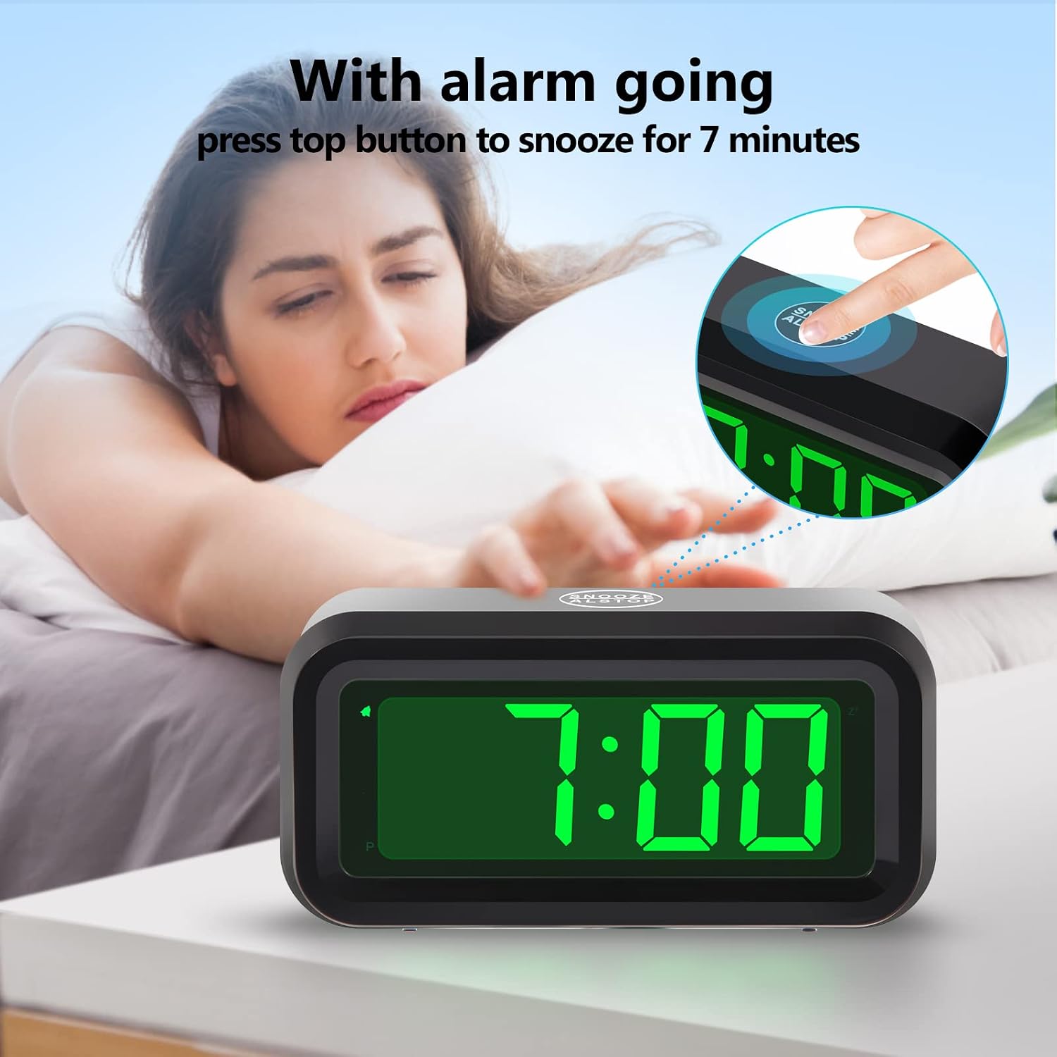 Digital Alarm Clock Battery Operated with LED Display for Bedrooms, Long Battery Life for 12 Months, 3 Brightness Adjustable, 12/24 Hour, Snooze, Black Case with Red Digits