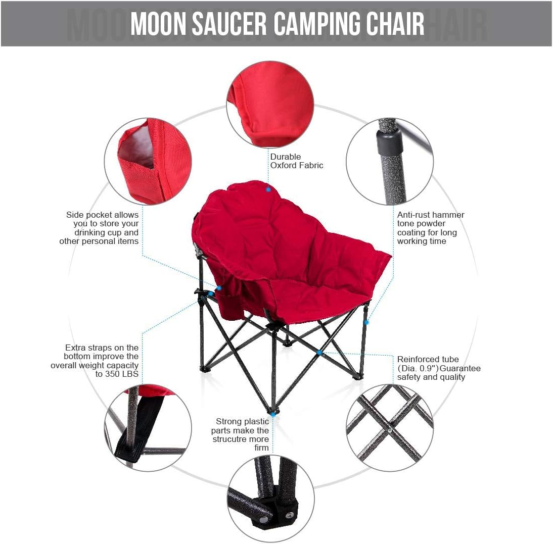 ALPHA CAMP Oversized Camping Chairs Padded Moon Round Chair Saucer Recliner with Folding Cup Holder and Carry Bag