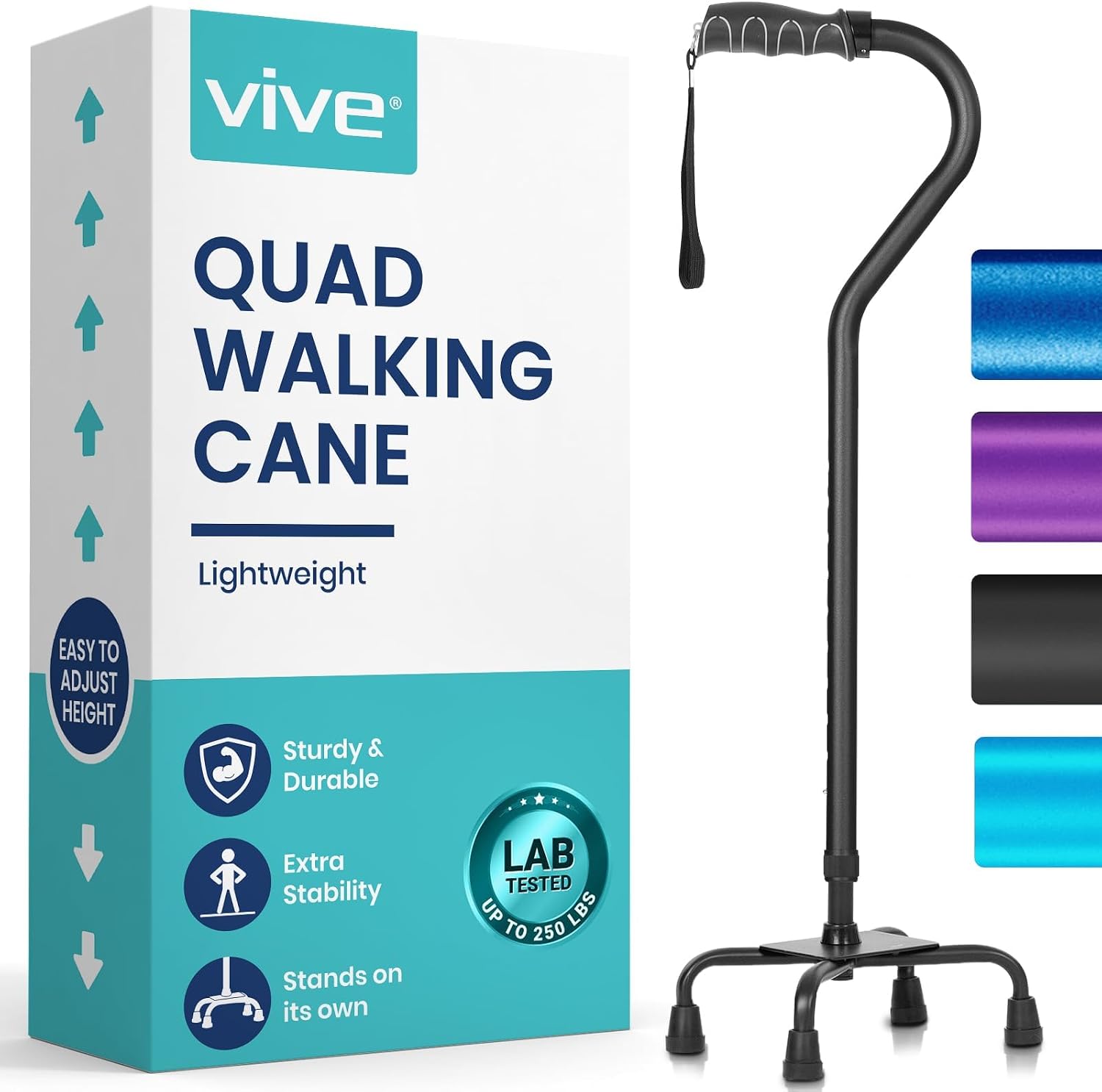 Vive Quad Cane - Walking Stick for Men and Women - Lightweight Adjustable Staff - Comfortable Right and Left Hand Grip for Stability Support - Four Prong Sturdy Aluminum Travel Aid - 4 Tip Blue | Senior 4 Prong Walking Stick for Stability & Balance- Righ…