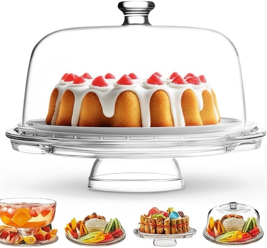 Royalty Art Glass Cake Stand with Dome, 6-in-1 Convertible Server