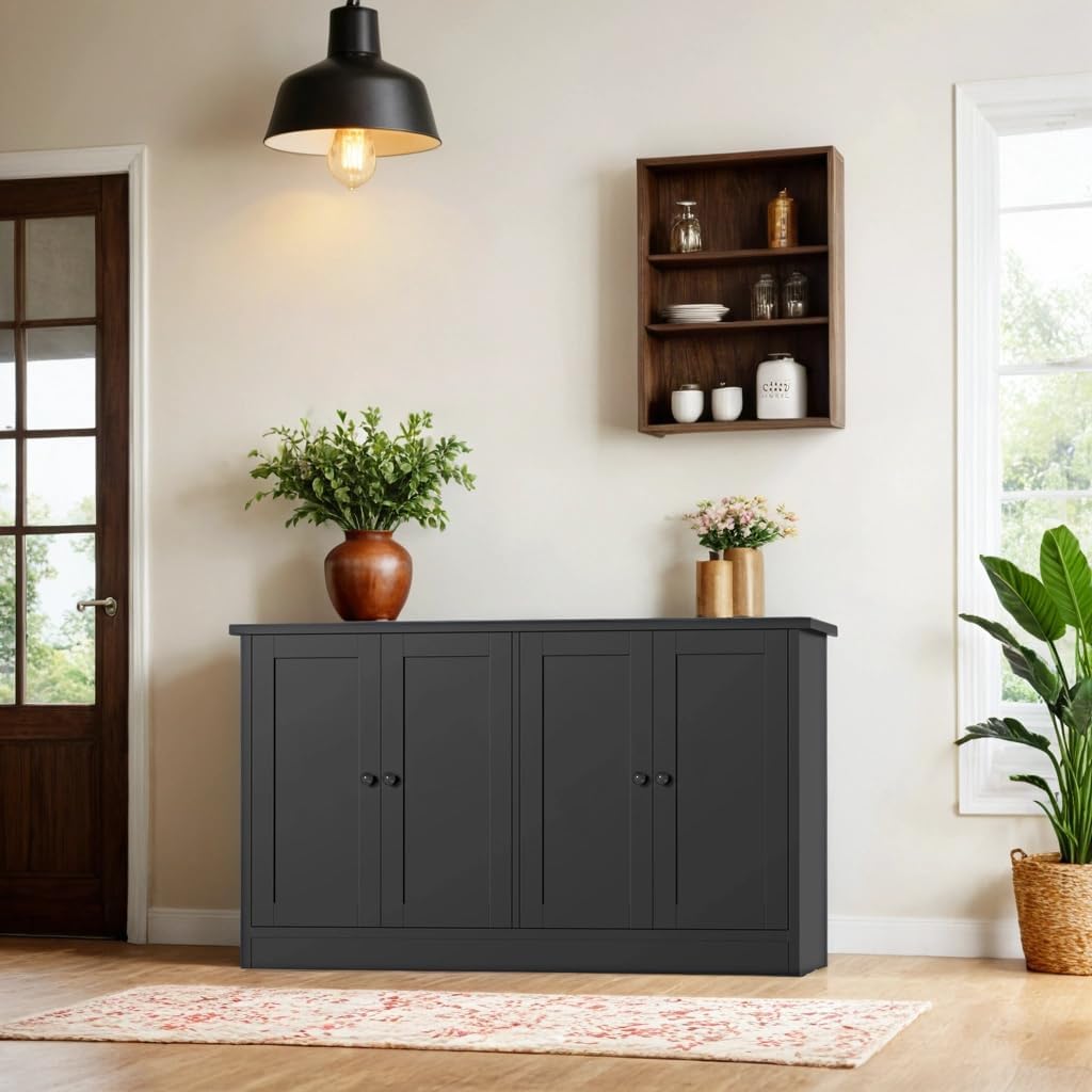 holzart White Buffet Cabinet with Storage, 49" Modern Kitchen Sideboard with 4 Doors & Adjustable Shelves, Wood Coffee Bar Cabinet Console Table for Dining Room, Living Room, Entryway