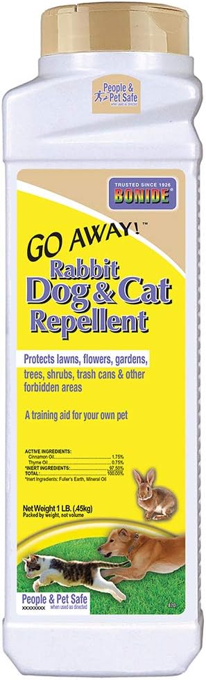 Bonide Go Away! Rabbit, Dog, & Cat Repellent Granules, 3 lbs Ready-to-Use, Keep Dogs off Lawn, Garden, Mulch & Flower Beds | Ready-to-Use, Keep Dogs off Lawn, Garden, Mulch & Flower Beds