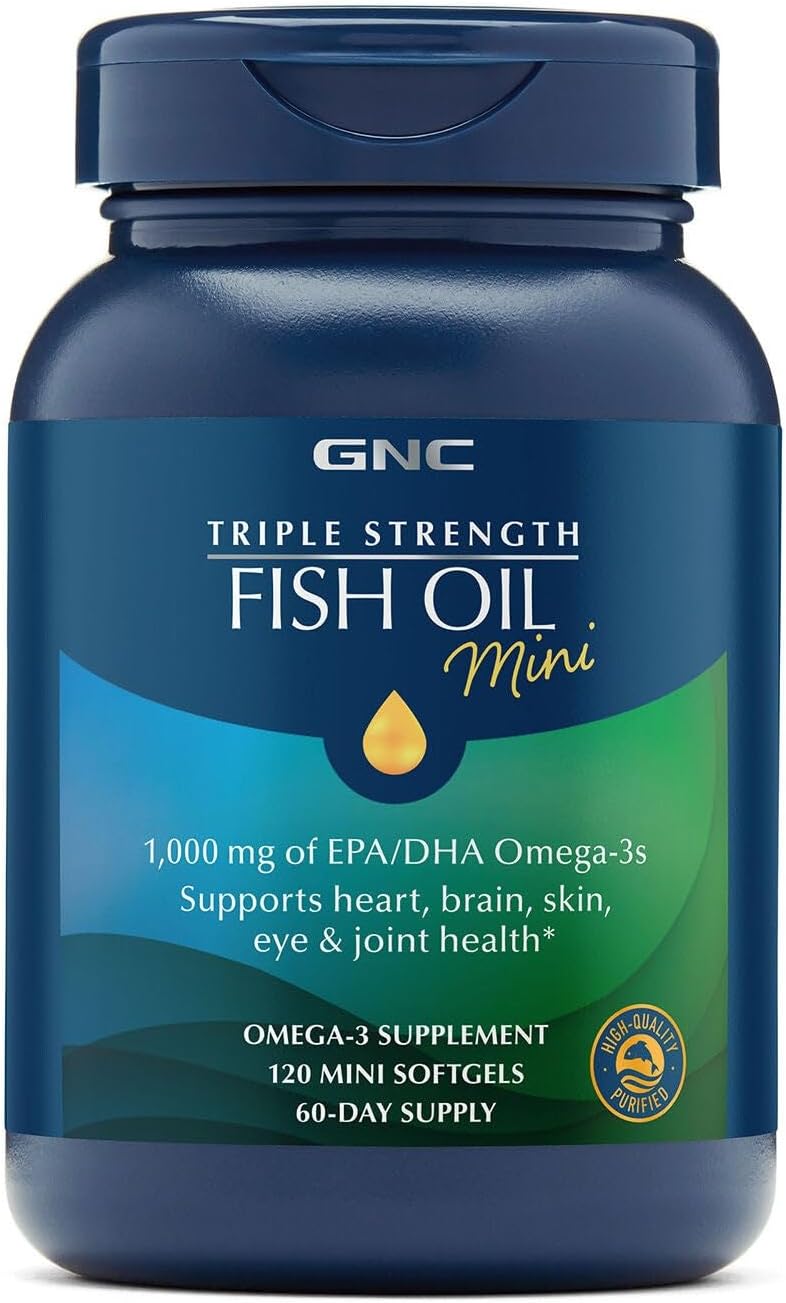 GNC Triple Strength Fish Oil Mini, 1000mg EPA & DHA, 120 Mini Softgels | Provides 1000mg EPA and DHA per Serving to Support Heart, Brain, Skin, Eye, Joint Health, and a Balanced Mood