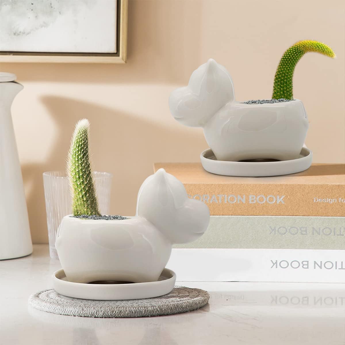 GeLive White Cow Succulent Pot, Small Ceramic Animal Planter with Drainage Hole & Saucer for Cactus, Mini Air Plants, Pencil Holder Brush Organizer, Indoor Home Office Desk Decor, Funny Gift