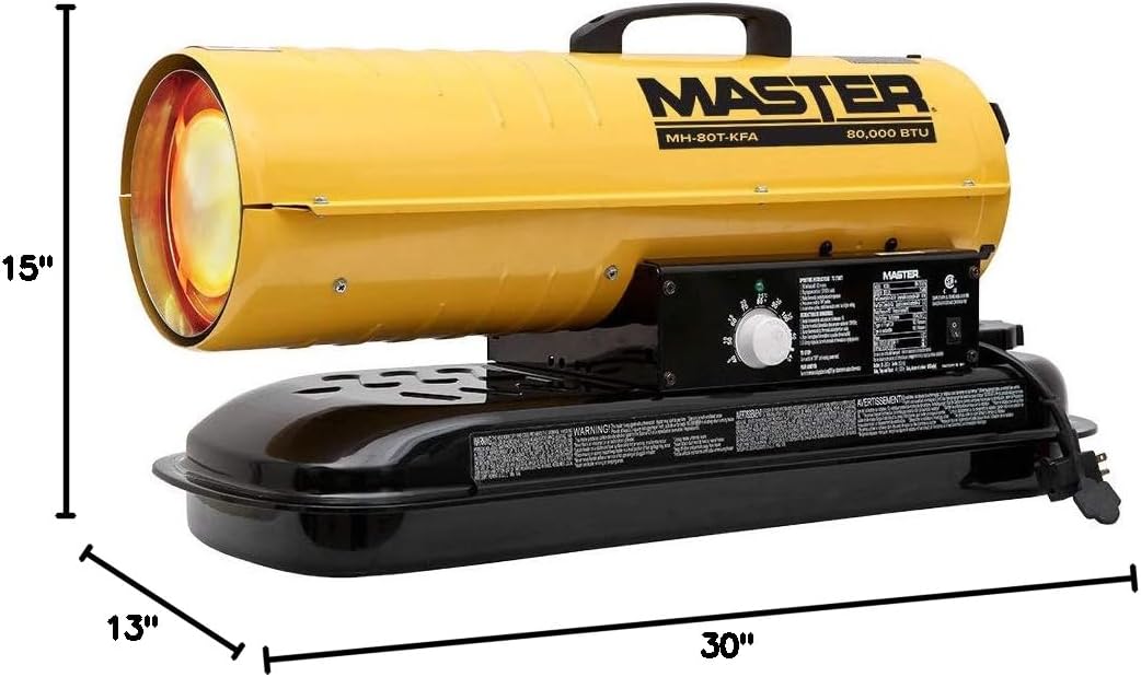 Master MH-80T-KFA 80, 000 BTU Kerosene/Diesel Portable Gas Forced Air Heater w/Thermostat - 1/8hp Floor Mount Salamander Heater Fan for Workshop