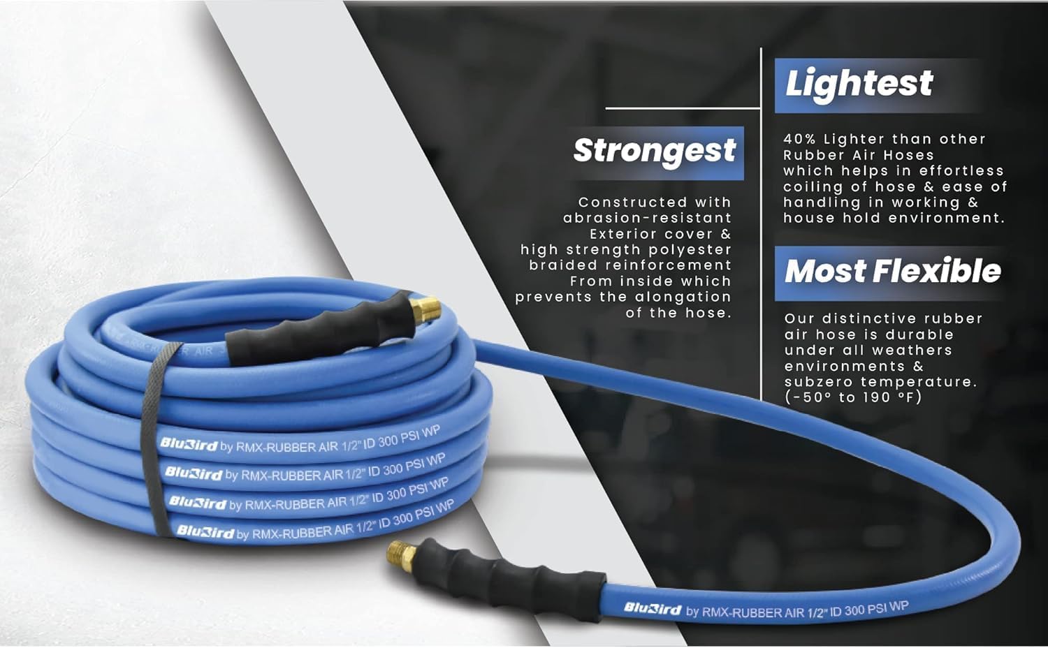 BLUBIRD BB1250 1/2" x 50' Rubber Air Hose, 100% Rubber, Lightest, Strongest, Most Flexible, 300 PSI, 50F to 190F Degrees, Ozone Resistant, High Strength Polyester Braided