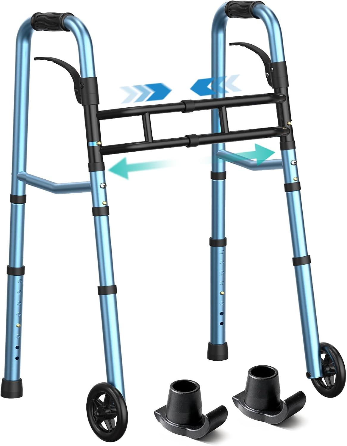 HOMENURSE Folding Walkers for Seniors with Skis, Width & Height Adjustable | Narrow Walker with 5" Wheels for Small Spaces, Aluminum Lightweight Standard Rolling Walker, Supports Up to 300lbs, Silver