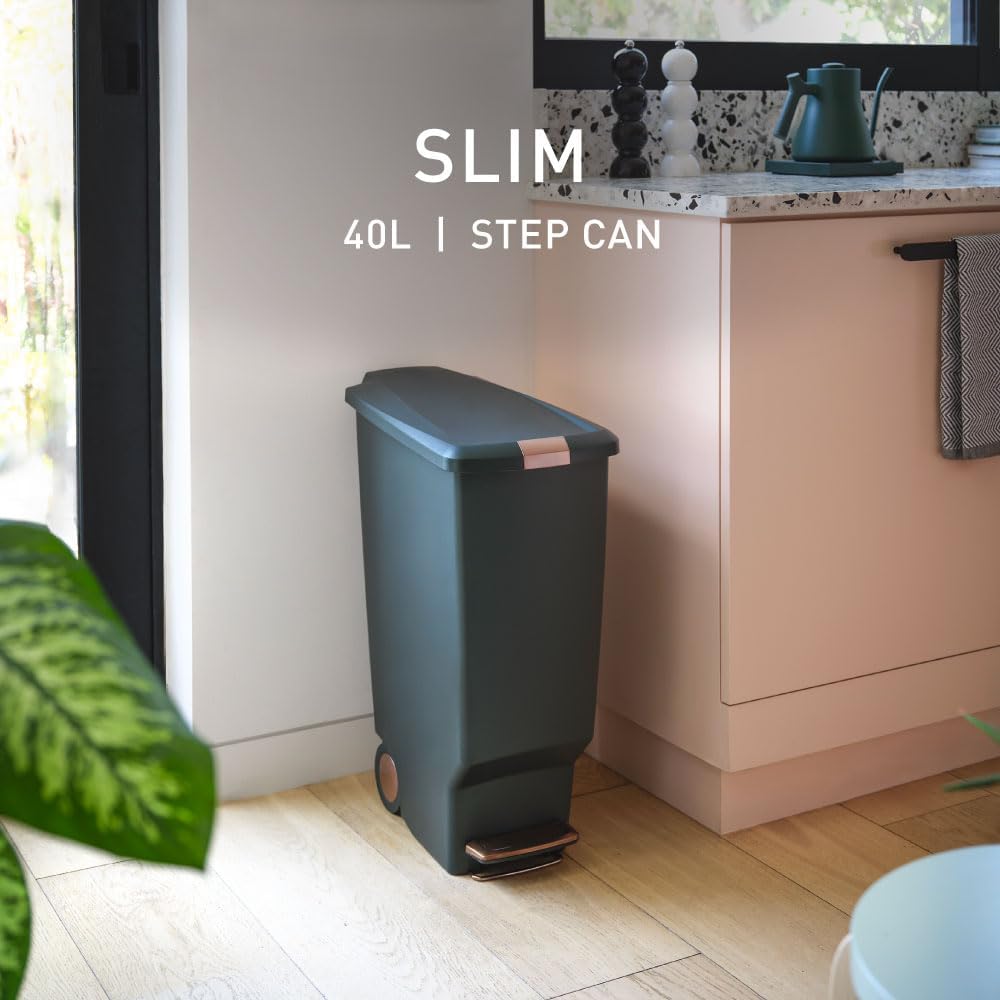 simplehuman 40 Liter / 10.6 Gallon Slim Kitchen Step Trash Can With Secure Slide Lock, Black Plastic