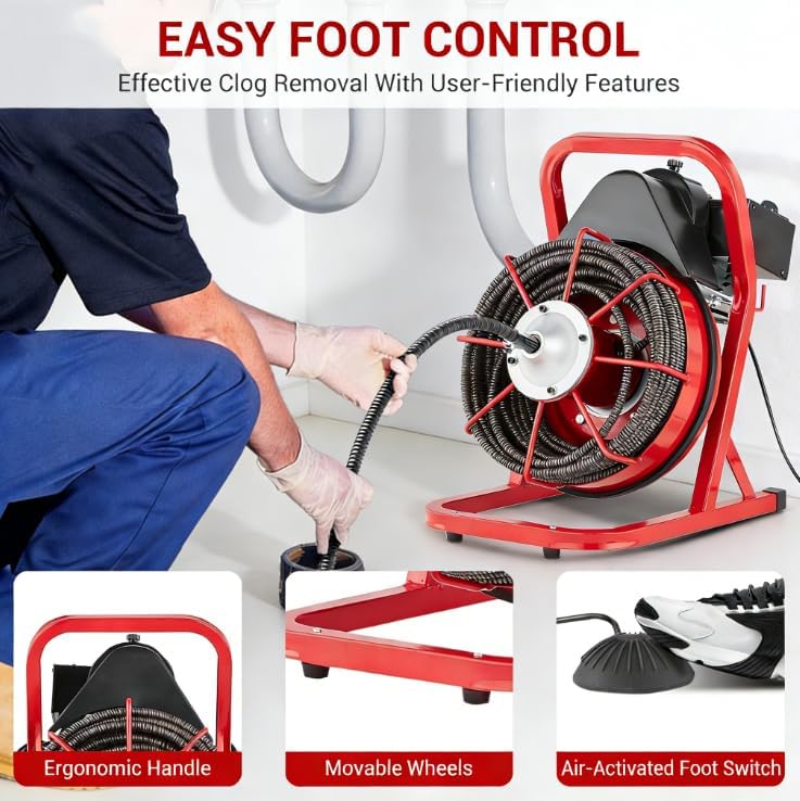 100Ft 3/4 Inch Drain Cleaning Machine. Sewer Snake 750w Auto Feed | Portable Drain Cleaning Machine Electric Drain Auger Sewer Auger with 6 Cutter Air-Activated Foot Switch for 4" to 8" Pipes