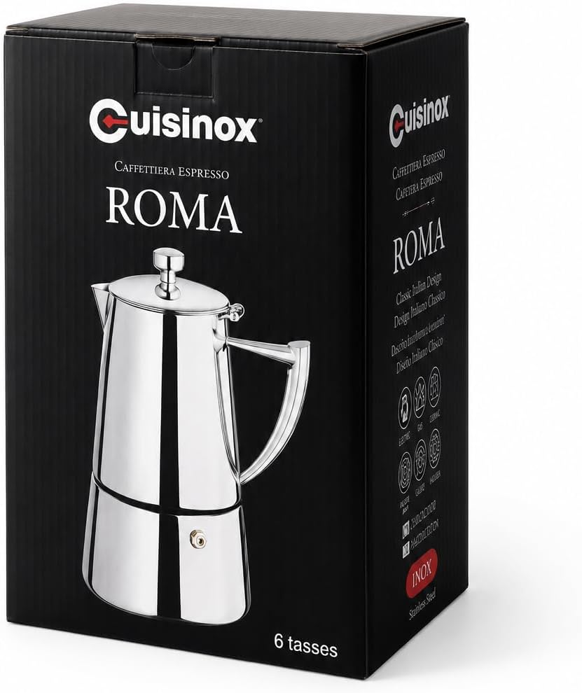 Cuisinox Roma Stovetop Espresso Maker COF-6R, Stainless Steel Coffee Percolator Stovetop, Heat-Resistant & Non-Reactive, 6-Cup Italian Espresso Maker Easy to Clean, Durable Stove Top Percolator