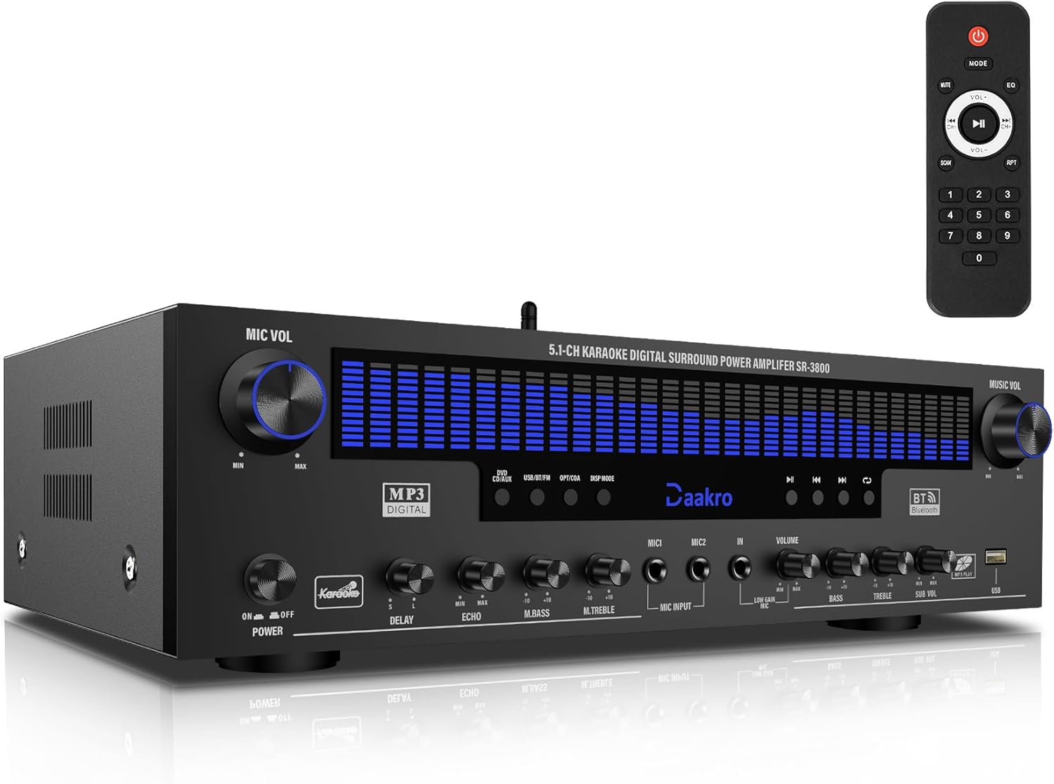 Daakro Stereo Receivers Home Audio Amplifier w/DSP Display, 300W Rated Power 5.1 Channel Bluetooth Receiver