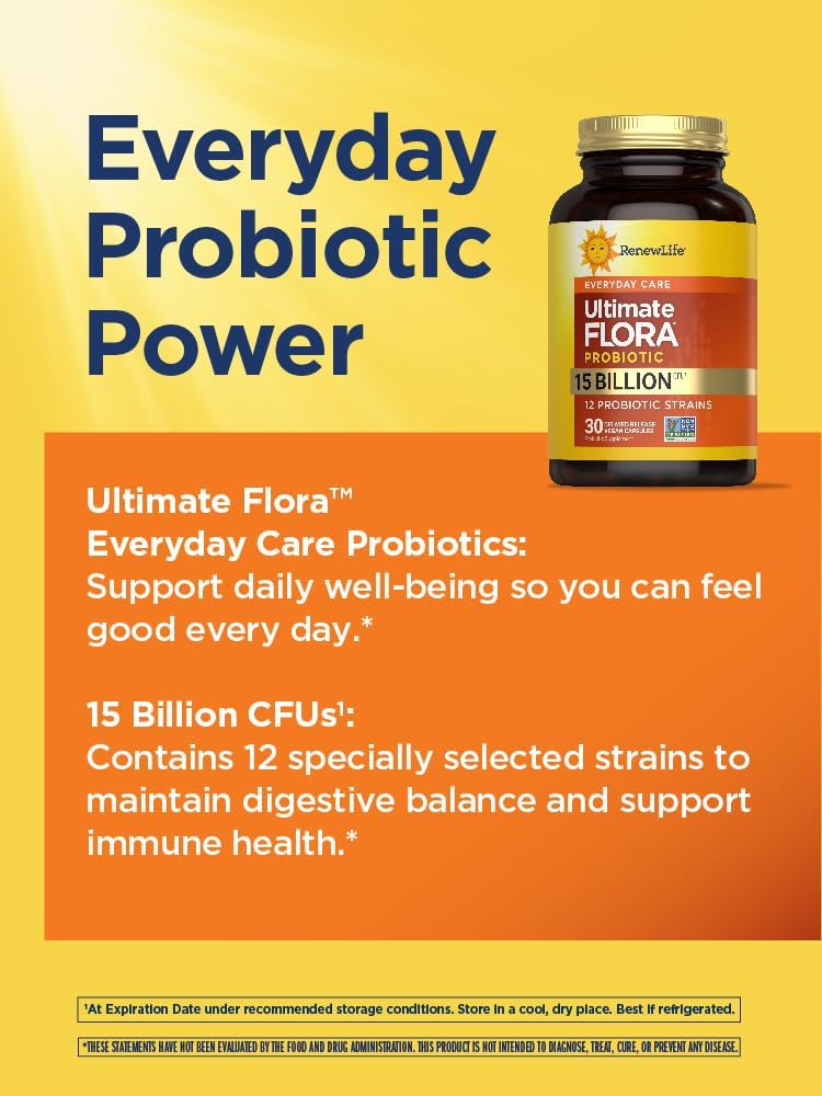 Renew Life Ultimate Flora Probiotic 15 Billion CFU | 30 Delayed Release Vegan Capsules Go Pack | Everyday Care Formula | Dairy, Soy, and Gluten Free Supplement