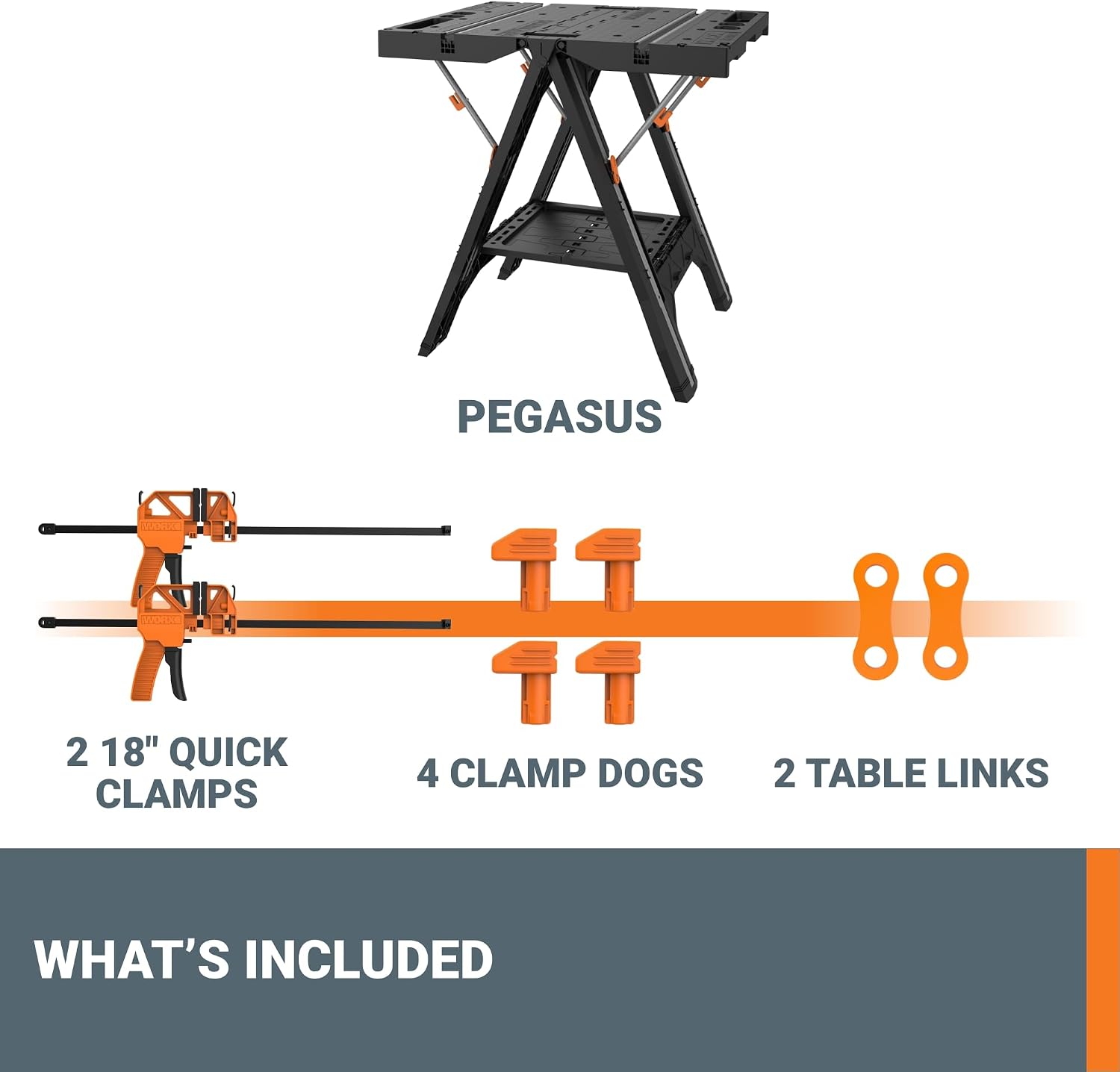 WORX Portable Folding Workbench, 2-in-1 Pegasus Table & Sawhorse, WX051 | 31"×25"×32" dimension, heavy load capacity, fast setup, includes 2 clamps & 4 clamp dogs, lightweight portable design