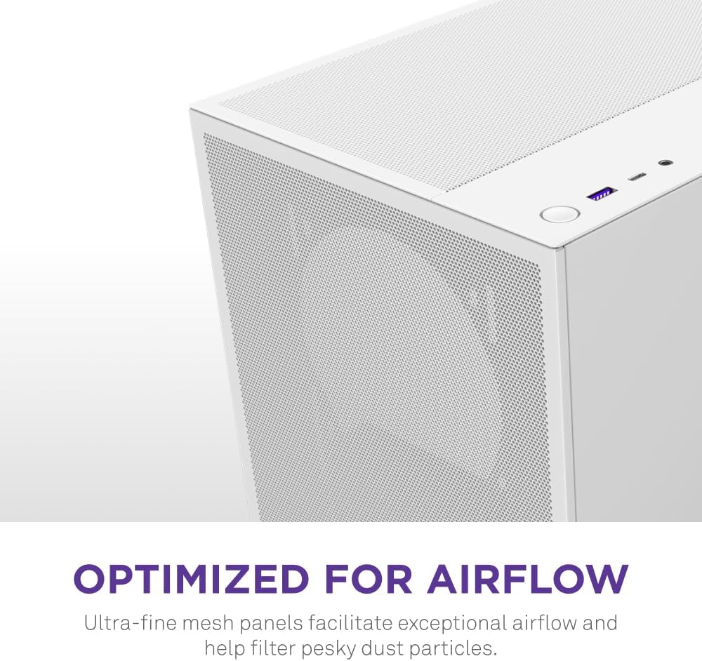 NZXT H5 Flow RGB - Compact ATX Mid-Tower PC Case - White | Compact mid-tower with included F360 RGB Core fans, 360mm radiator support, tempered glass. CAM-ready RGB out of the box.