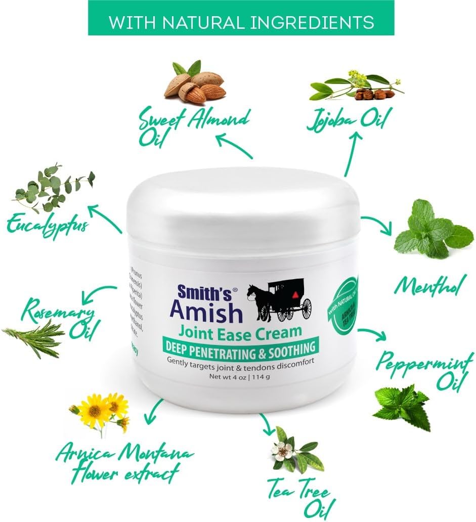 Smith's Amish Joint Ease Cream - Soothing Cooling Formula - 4 oz Jar | For Joint Discomfort, Stiffness & Muscle Tension - Arnica, Peppermint