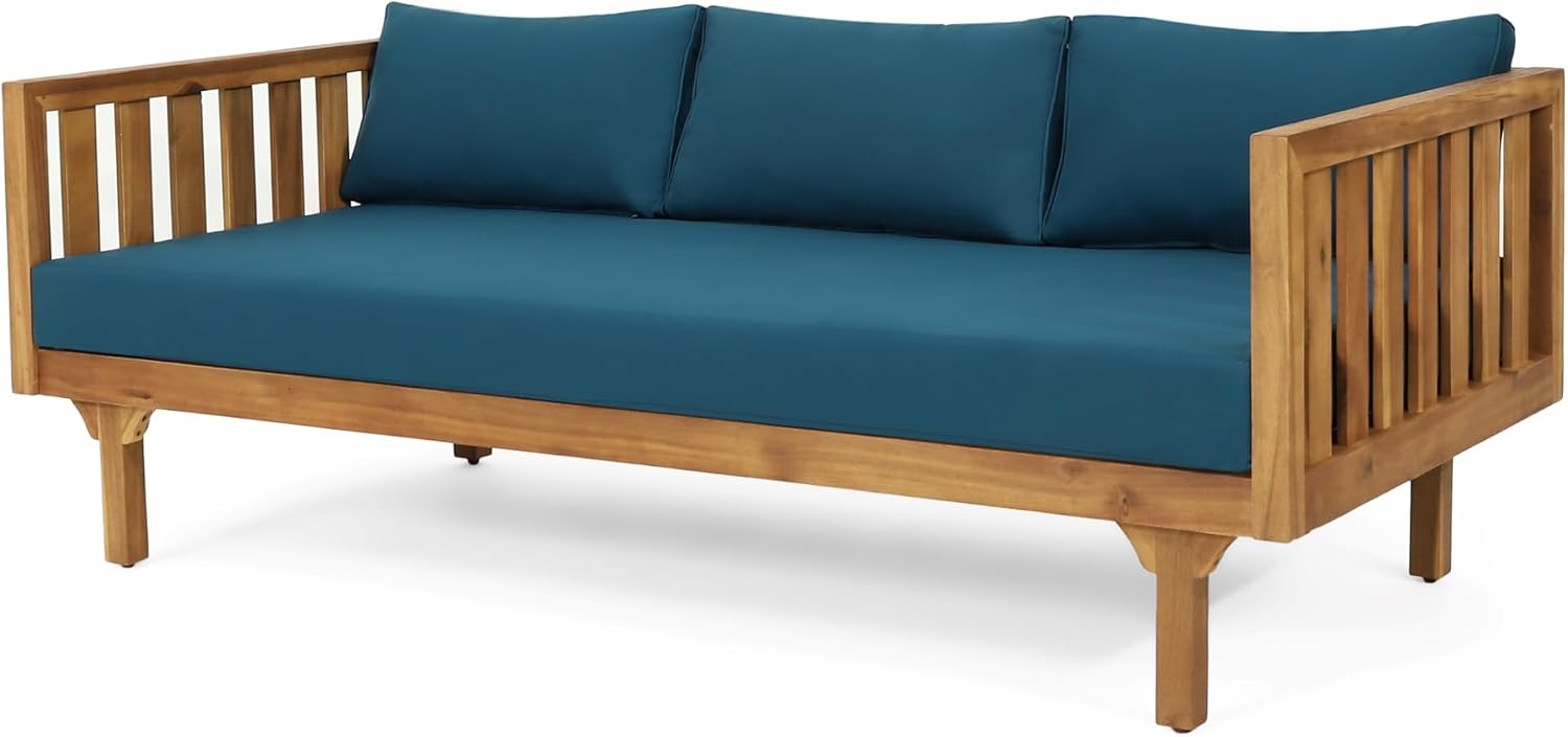 Christopher Knight Home Tina Outdoor 3 Seater Acacia Wood Daybed, Teak Finish, Light Grey