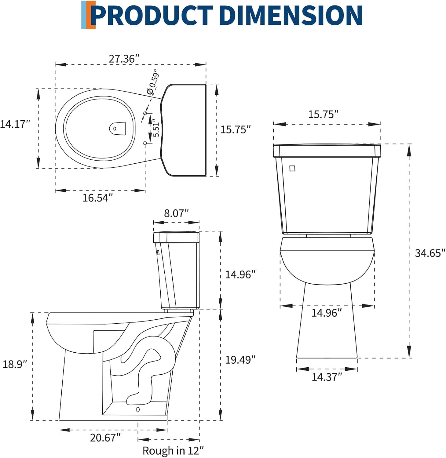 Two-Piece Toilets for Bathrooms, Comfort ADA Toilet with 19" Height, Elongated with Soft Close Seat, Power Flush 1.28 GPF