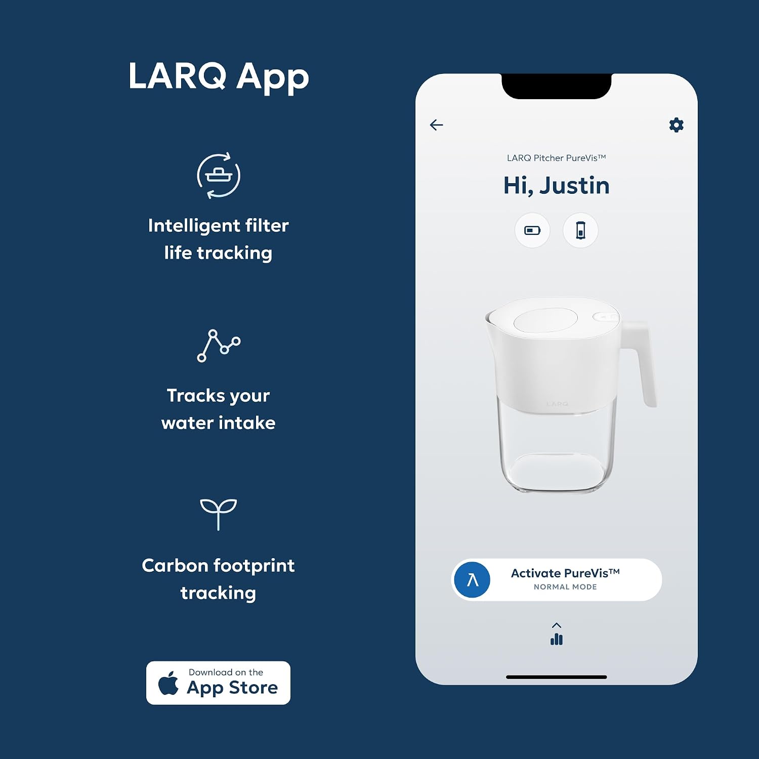 LARQ PureVis 3-in-1 Water Filter Pitcher, UV-C Purifier & App, 8 Cup,M.Blue | Water purifier pitcher & fridge water jug: removes lead & PFAS, keeps minerals, self-cleans UV-C, tracks filter life & intake