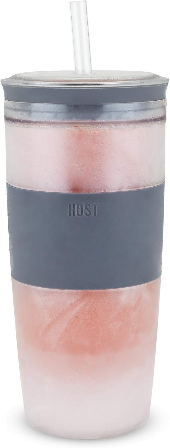 HOST Double Wall Insulated Freezable Drink Chilling Tumbler with Freezing Gel Glasses for Red and White Wine, Straw and Lid, Plastic, 16 oz, Grey