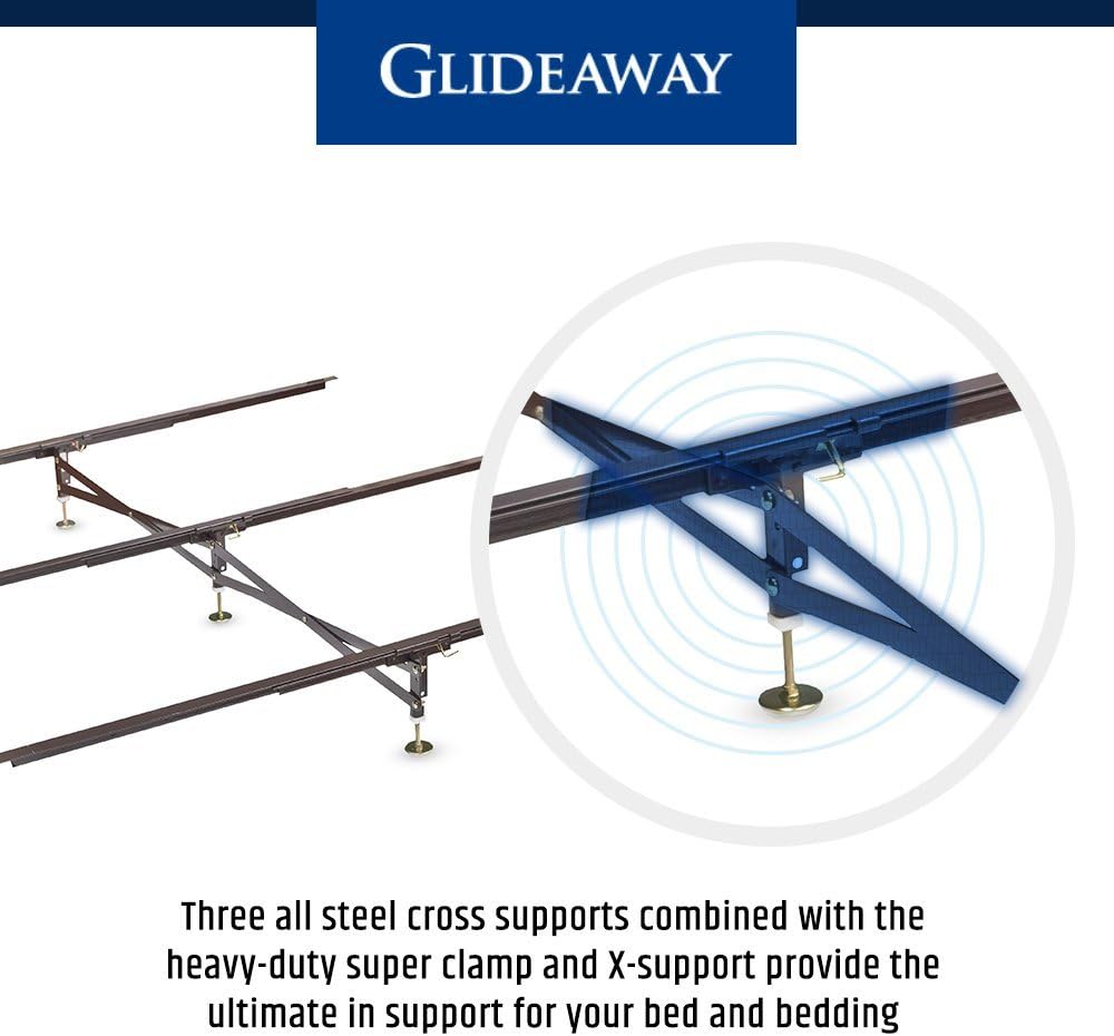 Glideaway X-Support Bed Frame Support System, GS-3 XS Model - 3 Cross Rails and 3 Legs - Strong Center Support Base for Full, Queen and King Mattress
