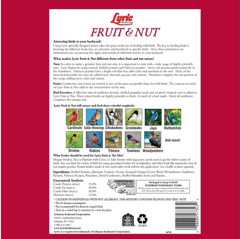 Lyric Fruit and Nut Wild Bird Seed - High Energy Wild Bird Food Mix - Attracts Woodpeckers, Chickadees & Other Songbirds -5 lb. Bag | Attracts Woodpeckers, Chickadees and other songbirds