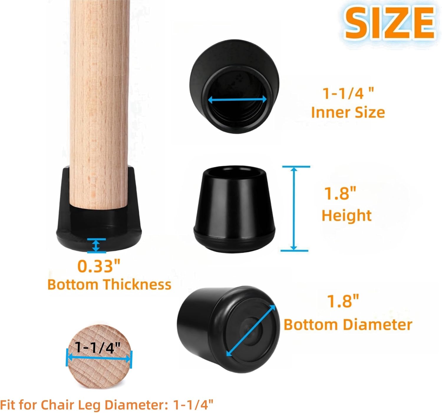 Furnigear Chair Leg Tips Caps Non-Slip Rubber Leg Tips 1-1/2” Inner Diameter Chair Leg Floor Protectors Round Black 4 Pack (Fit Round Diameter