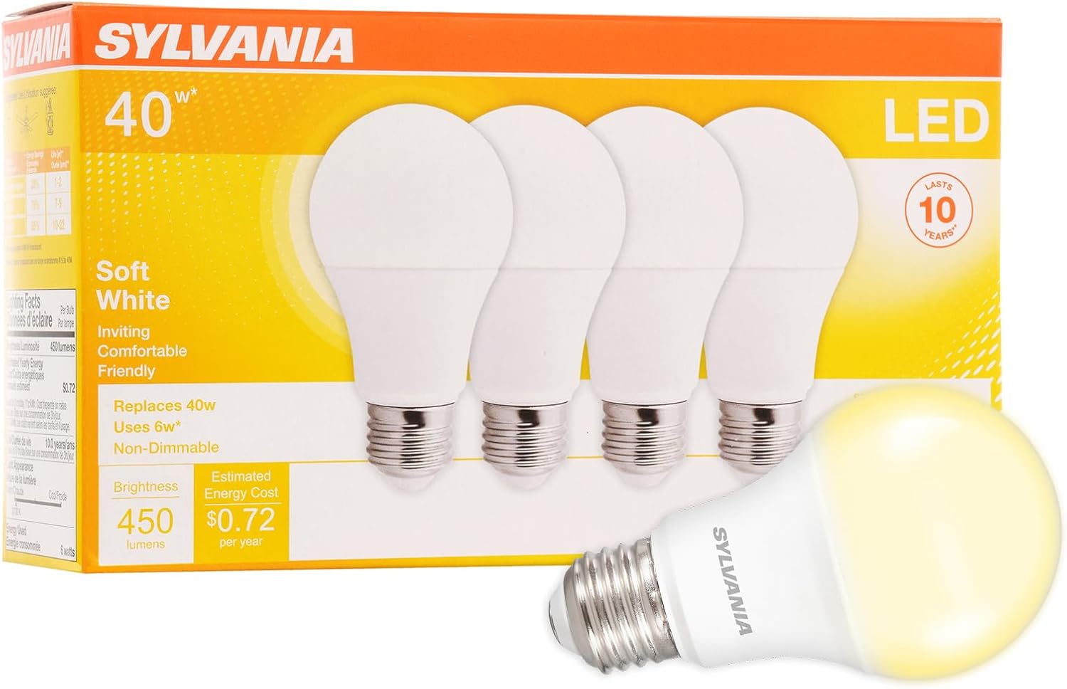 Sylvania LED A19 Light Bulb, 100W = 14W, Non-Dimmable, Frosted Finish, 1500 Lumens, 2700K, Soft White - 4 Pack (78101)