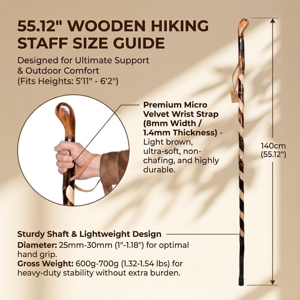 FOREST PILOT Handcrafted Nature Wood Hiking Stick 55 Inches Long - with Hand Strap and Rubber Tip Cover - Transparent Waterproof Painting Coating